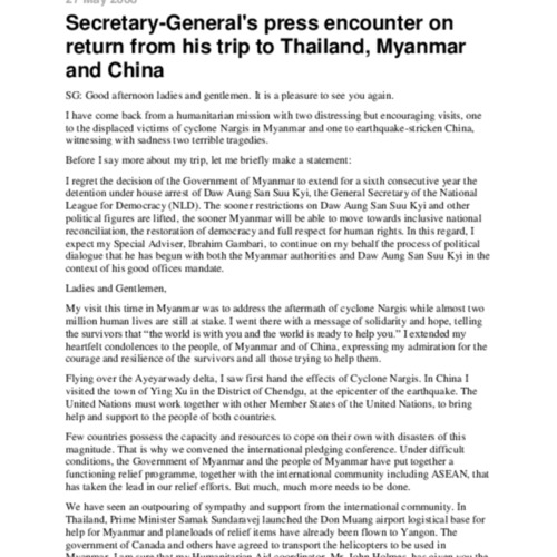 Secretary-General's Press Encounter on Return from His Trip to Thailand, Myanmar and China