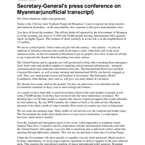 Secretary-General's Press Conference on Myanmar (Unofficial Transcript)