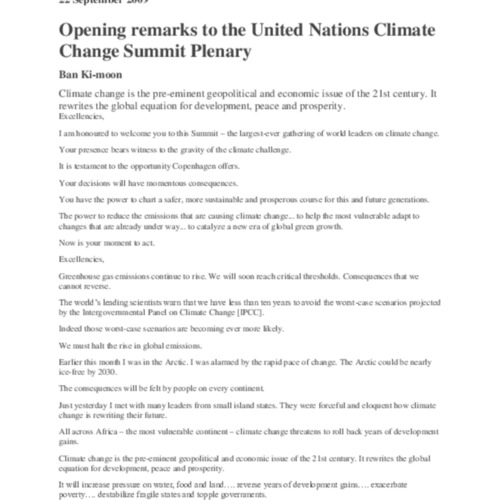 Opening Remarks to the United Nations Climate Change Summit Plenary