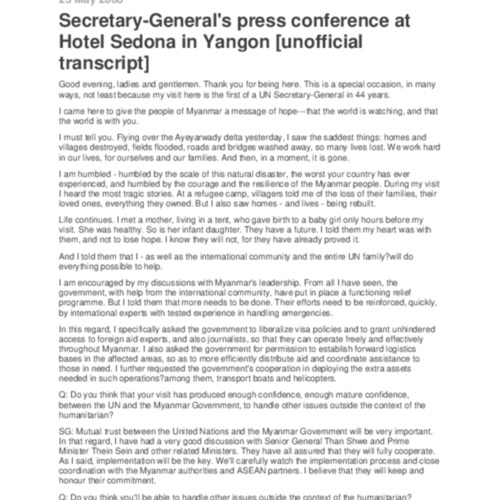 Secretary-General's Press Conference at Hotel Sedona In Yangon (Unofficial Transcript)